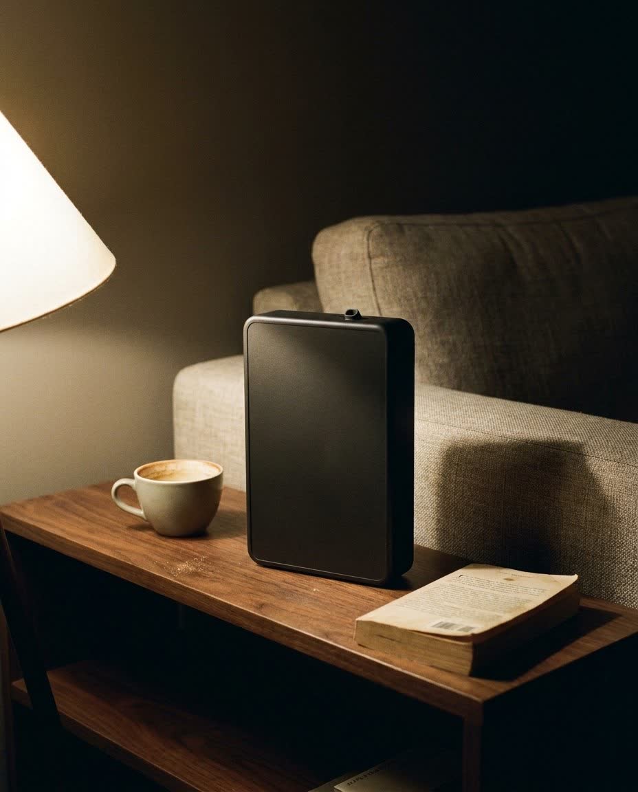 SOTTO diffuser on a walnut side table in a living room at dusk