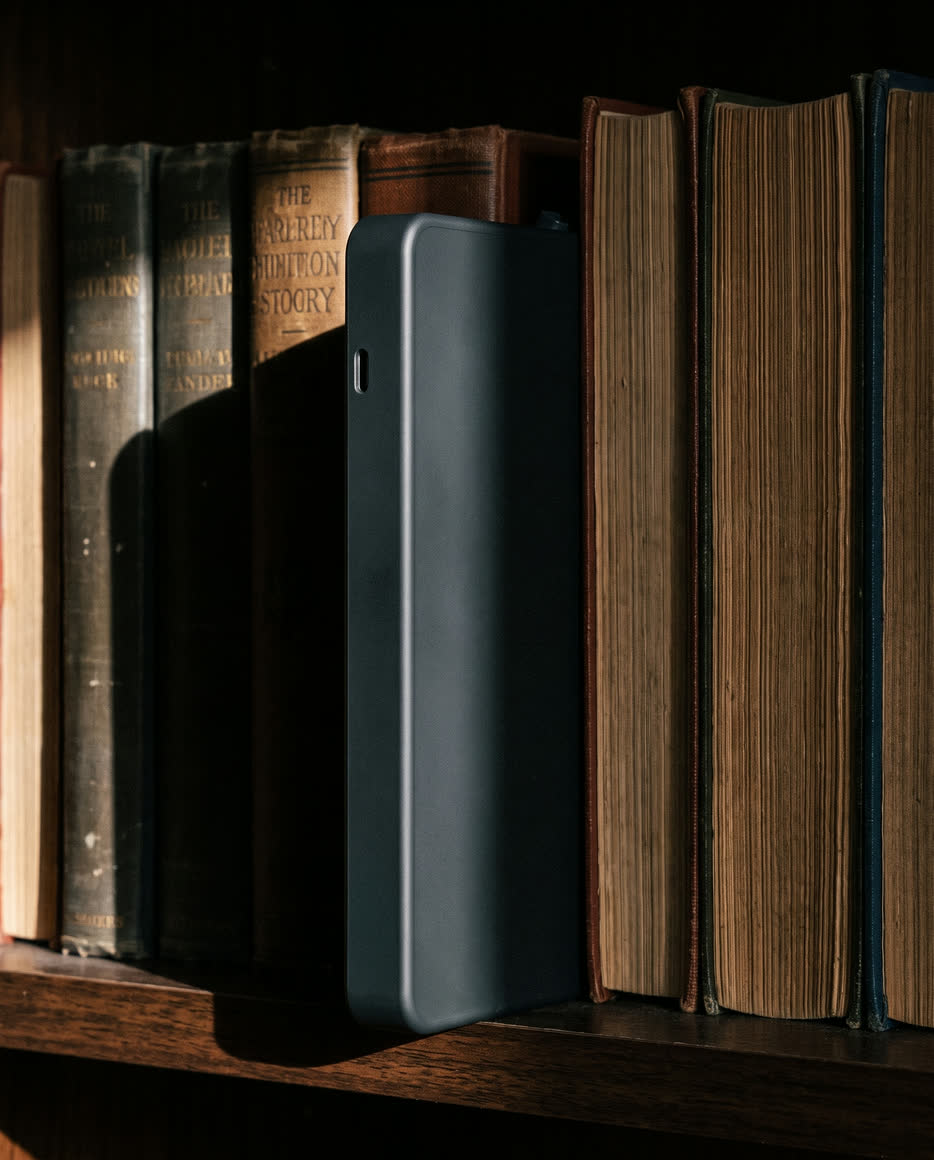 The diffuser tucked behind a row of books, barely visible