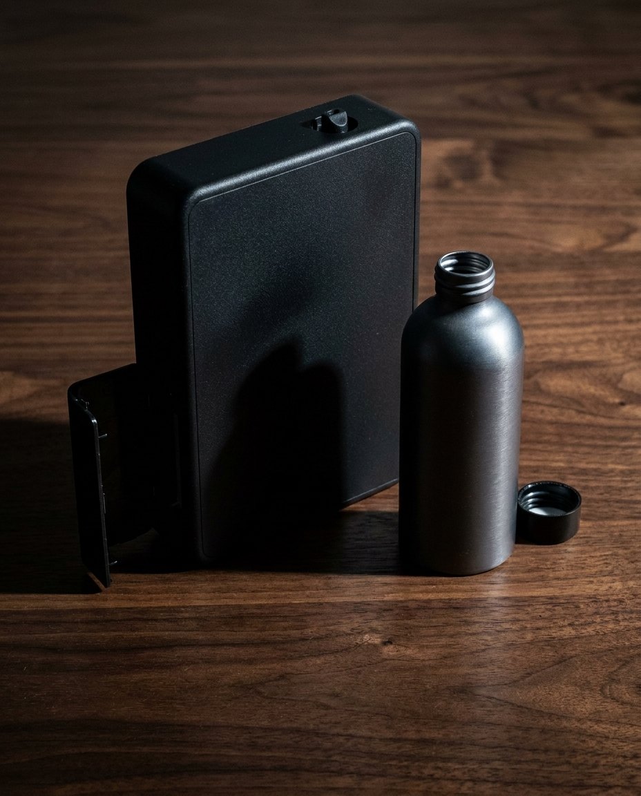 The diffuser with its side door open beside an aluminium scent bottle
